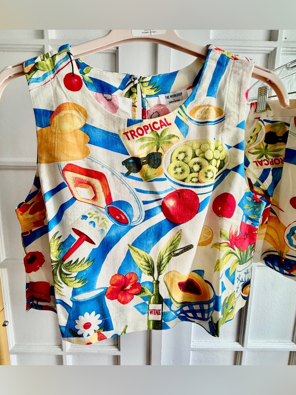 Tropical Print Two Piece Linen Blend Top & Shorts Set Size Large - Picture 2 of 7
